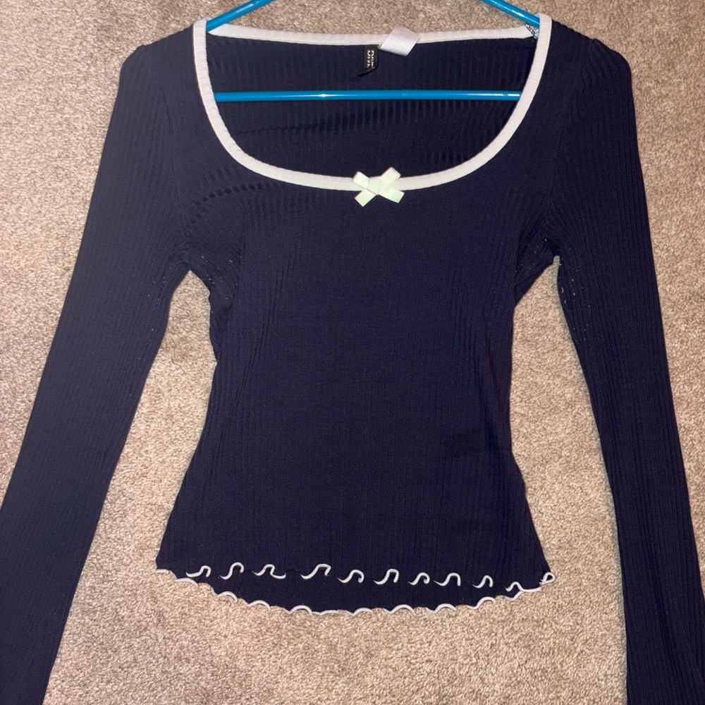 Elegant Navy Long Sleeve Top with White Trim